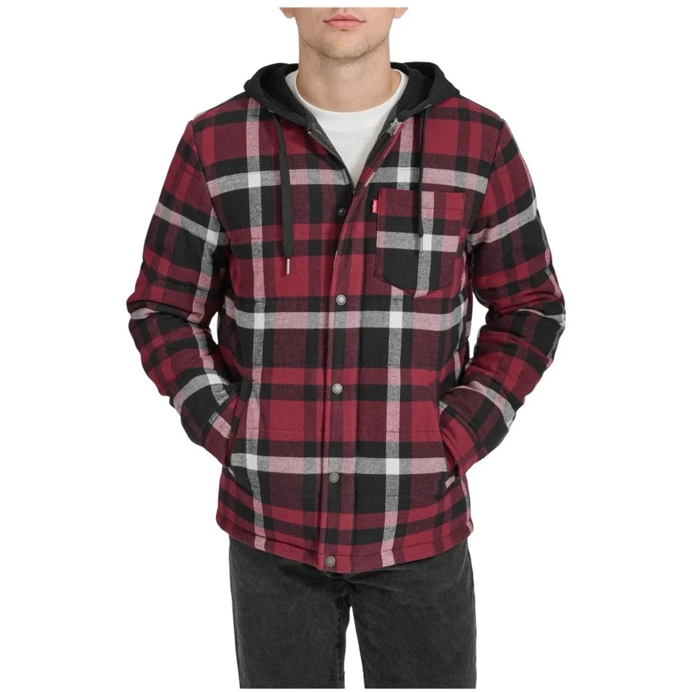 Levi's Quilted‎ Plaid Puffer Flannel Hooded Shacket Size XL Magenta Co